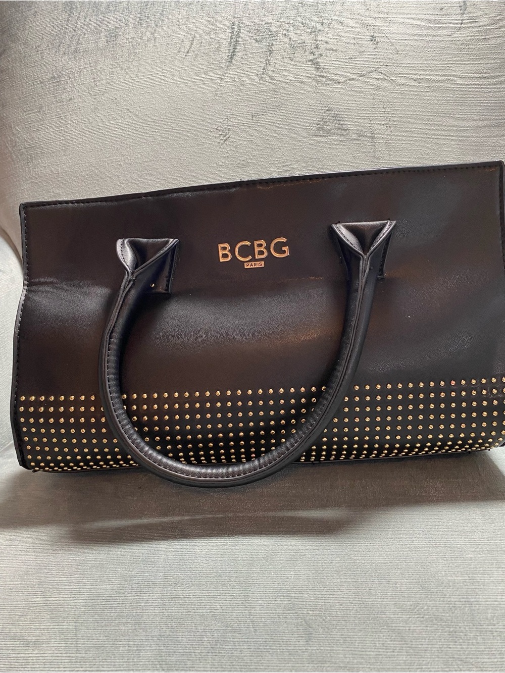BCBG Paris Black Satchel with Gold Stud Accents, dual handles, EUC - Picture 15 of 17